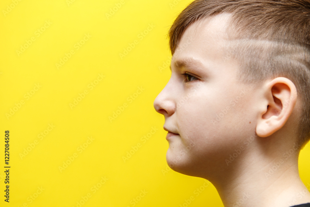 profile portrait of a ten year old boy with a fashionable hairstyle on a yellow background. looking to the side profile portrait of a ten year old boy with a fashionable hairstyle on a yellow background. looking to the side