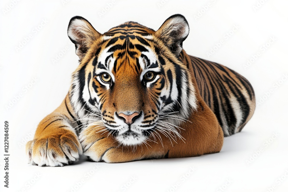 Fototapeta premium Majestic tiger resting on white background
