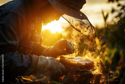 Beekeeper hands carefully lift golden honeycomb under a glowing sunset in a tranquil landscape. Generative AI photo