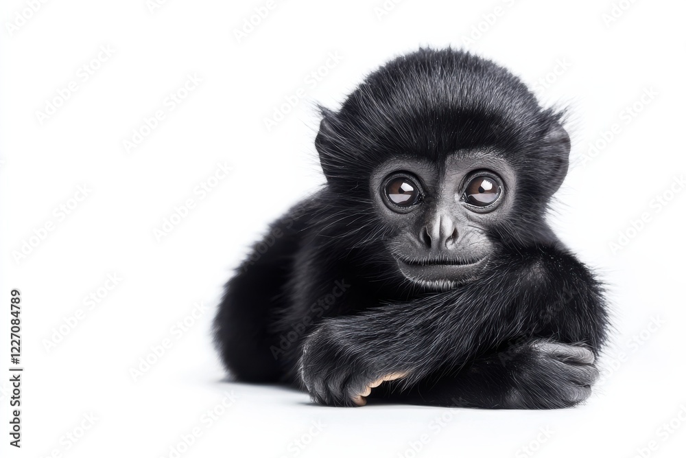 Fototapeta premium Adorable baby monkey, black fur, white background.