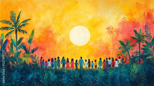 Vibrant Sunset Gathering: A Diverse Group United in Tropical Paradise, Painting of people in a lush tropical landscape under an intense golden sun