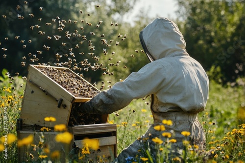 Beekeeper tending to bees in a vibrant wildflower field during a sunny day surrounded by nature's beauty and buzzing activity. Generative AI photo