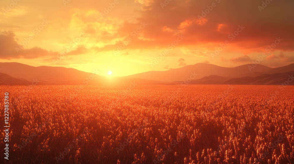 Fototapeta premium Sunset over golden field, mountains backdrop. Peaceful nature scene, ideal for travel brochures
