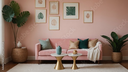 A modern stylish living room with a light pink fabric designer sofa set and photo frames displayed on the wall 3d illustration.
