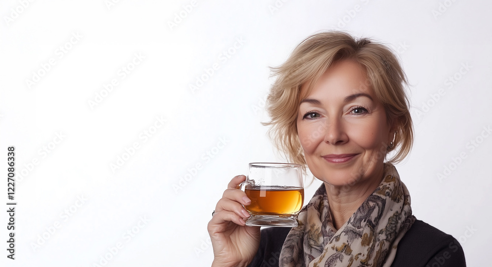Frau mittleren Alters hält Teetasse in der Hand. Erkältung Grippe Vorsorge Frau mittleren Alters hält Teetasse in der Hand. Erkältung Grippe Vorsorge