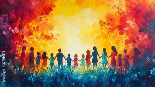 A vibrant illustration depicts children and adults holding hands against a warm colorful backdrop symbolizing unity