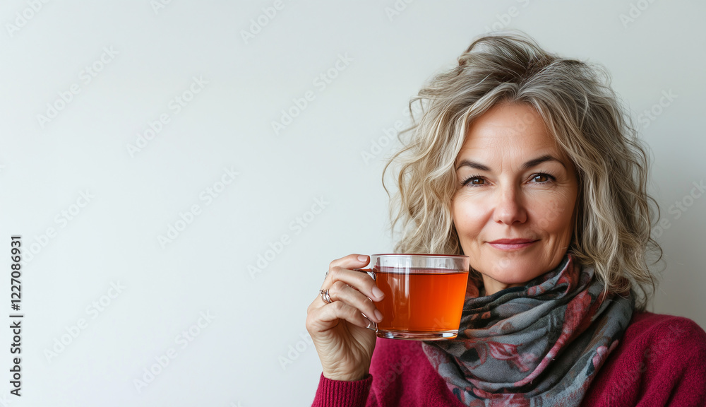 Frau mittleren Alters hält Teetasse in der Hand. Erkältung Grippe Vorsorge Frau mittleren Alters hält Teetasse in der Hand. Erkältung Grippe Vorsorge