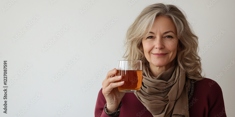 Frau mittleren Alters hält Teetasse in der Hand. Erkältung Grippe Vorsorge Frau mittleren Alters hält Teetasse in der Hand. Erkältung Grippe Vorsorge
