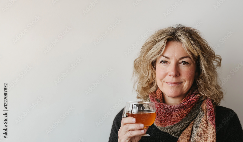 Frau mittleren Alters hält Teetasse in der Hand. Erkältung Grippe Vorsorge Frau mittleren Alters hält Teetasse in der Hand. Erkältung Grippe Vorsorge