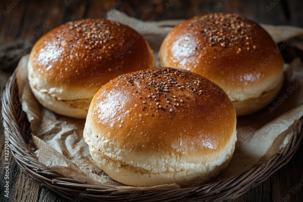 Three baked bread buns with sesame seeds on top, presented close-up to show texture and detail. Three baked bread buns with sesame seeds on top, presented close-up to show texture and detail.