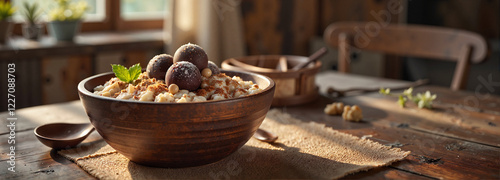 Mämmi dessert in rustic bowl on wooden table, cozy tradition photo