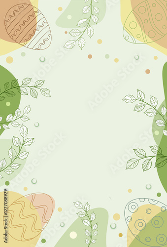 Easter line art background in pastel yellow spring green colors with eggs  and tree branches .Easter invitation or greeting card template. Flat lay ,free copy space.