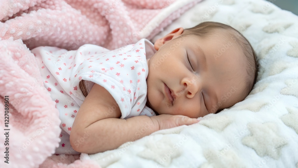 Peaceful baby sleeping on soft cloud-like blanket in cozy home environment Peaceful baby sleeping on soft cloud-like blanket in cozy home environment