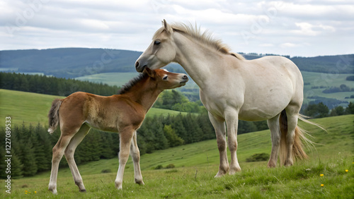 Mother horse and foal bonding together in a green field with a scenic landscape
