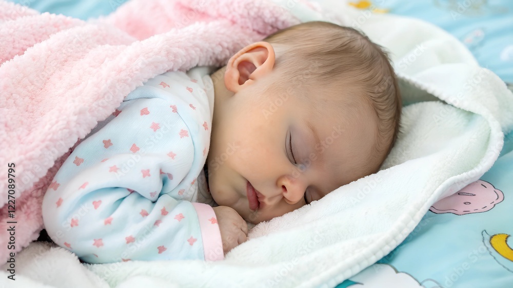 Baby sleeping peacefully on soft cloud-like blanket in cozy bedroom environment Baby sleeping peacefully on soft cloud-like blanket in cozy bedroom environment