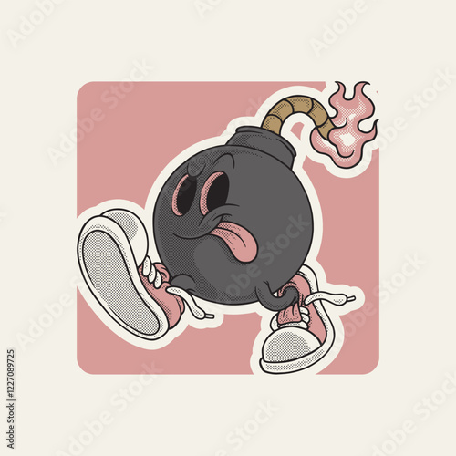 walking bomb retro cartoon mascot