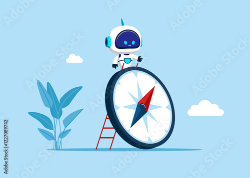 Robot with direction compass. Technology, financial strategy or business and stock market outlook.