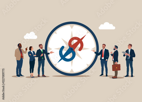 Business people looking at compass with dollar sign direction. Investment trend, financial indicator, inflation or interest rate direction. Flat vector illustration