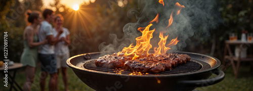 Sizzling matambre on grill at backyard barbecue, summer celebration photo