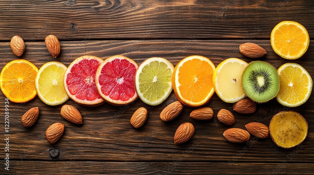 Rustic flat lay of a charcuterie board with vibrant fruit slices, nuts, and gourmet cheese on a wooden tabletop Rustic flat lay of a charcuterie board with vibrant fruit slices, nuts, and gourmet cheese on a wooden tabletop
