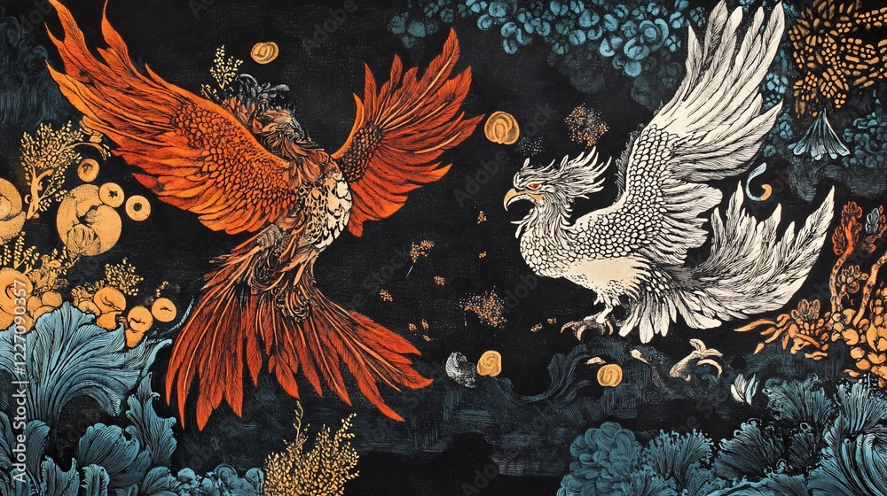 Fototapeta premium Dual phoenix illustration with vibrant colors and intricate details on a dark background