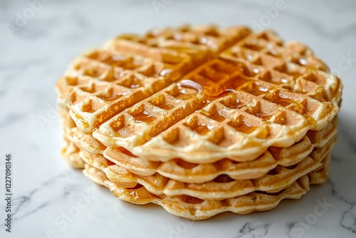 Stack of golden waffles drizzled with syrup on a marble surface, perfect for breakfast imagery photo