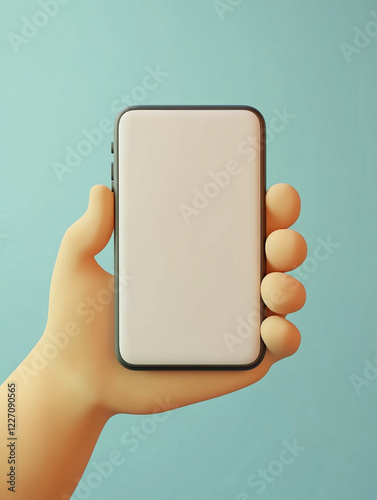 3D cartoon-style hand holding a blank smartphone screen on a pastel background. Perfect for app mockups, UI/UX design presentations, mobile advertising, and digital marketing concepts