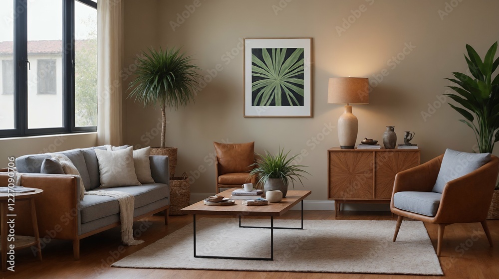 A modern stylish living room with a designer sofa set and photo frames displayed on the wall 3d illustration A modern stylish living room with a designer sofa set and photo frames displayed on the wall 3d illustration