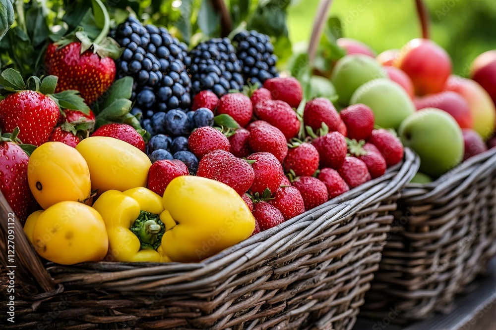 Vibrant Basket of Fresh Fruits and Vegetables - A Colorful Bounty of Nature's Goodness Vibrant Basket of Fresh Fruits and Vegetables - A Colorful Bounty of Nature's Goodness