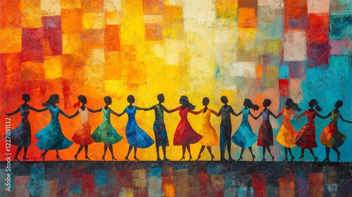 Abstract painting of women holding hands in vibrant dresses against a colorful block background conveys unity and sisterhood
