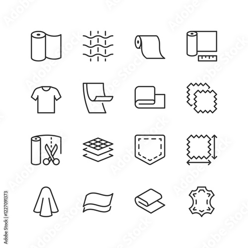 Textiles and Fabrics, linear style icon set. Icons depicting materials and tools used in the textile industry. Rolls of fabric, sewing patterns, stitching, and leather. Editable stroke width