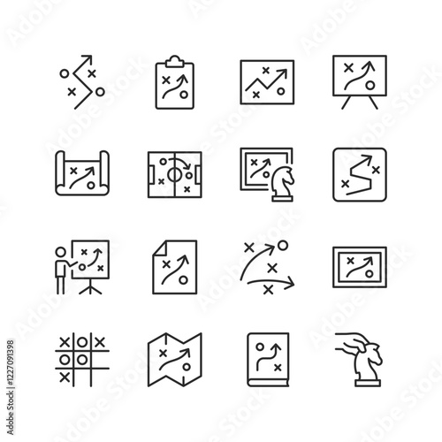 Strategy and Planning, linear style icon set. Strategic diagrams, tactical approaches, decision-making tools, and progress tracking. Business, sports, and gaming contexts. Editable stroke width