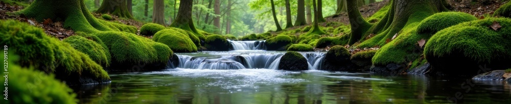 slow-moving stream with mossy banks and forest surroundings, nature, trees, moss slow-moving stream with mossy banks and forest surroundings, nature, trees, moss