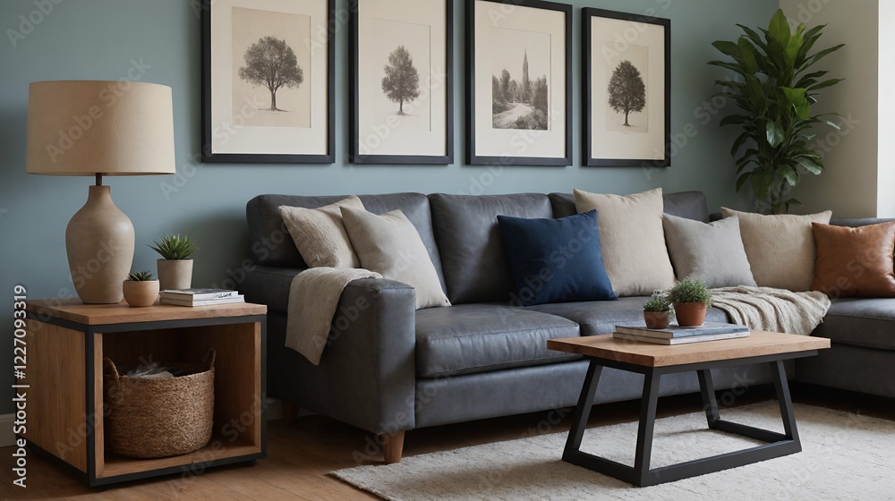 Fototapeta premium A modern stylish living room with a designer sofa set and photo frames displayed on the wall 3d illustration