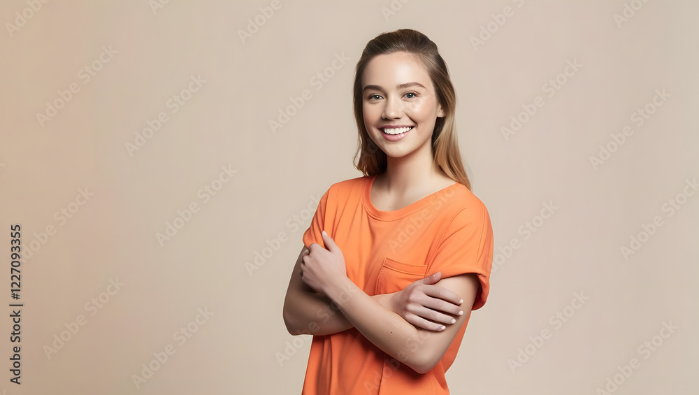 Obraz premium Side view young smiling Caucasian woman she wear orange shirt casual clothes hold hands crossed folded look camera isolated on plain pastel light beige background studio portrait