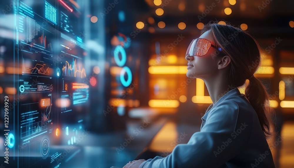Innovation Workspace Woman Analyzing Data with AR Glasses in Futuristic Office Innovation Workspace Woman Analyzing Data with AR Glasses in Futuristic Office