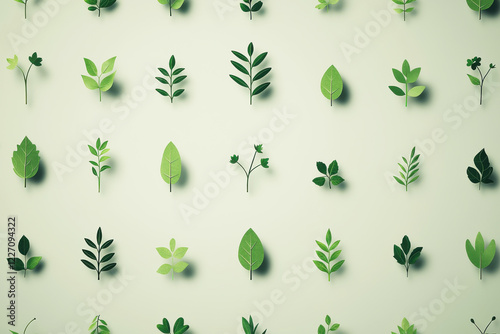 Minimalist eco-friendly pattern showcasing small leaf and flower icons in soft green hues against a pale gray background