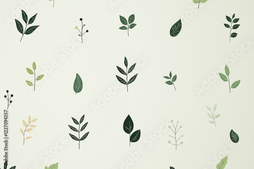 Minimalist eco-friendly pattern of leaves and flowers in soft green tones on a pale gray background for a modern design
