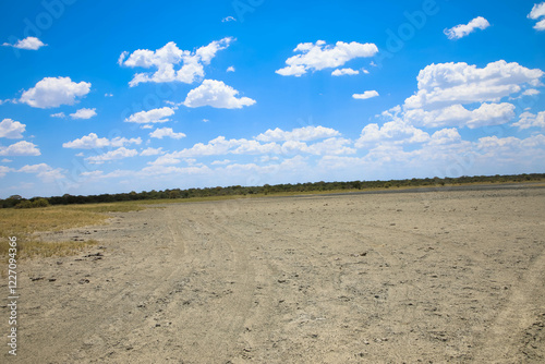 Spectacular view of the Makgadikgadi Nxai salt pan.  Largest salt pan in the world. Fascinating dry landscape with blue sky. Vast plains covered with white sand, stretching to the horizon. Botswana. photo