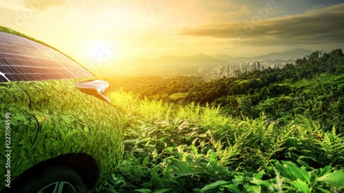 Eco-car sunset hilltop city view