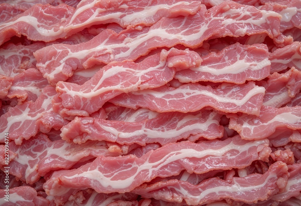 Close-up view of fresh slices of raw bacon showcasing marbled fat against a pinkish-red backdrop. Close-up view of fresh slices of raw bacon showcasing marbled fat against a pinkish-red backdrop.