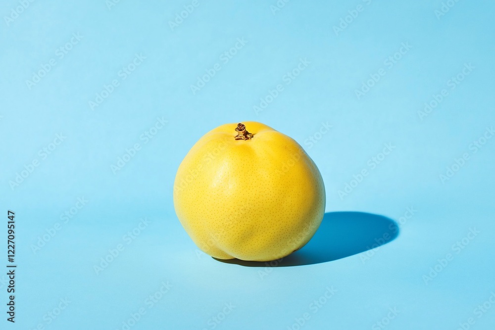 A bright yellow quince fruit positioned on a vibrant blue background, showcasing its smooth texture and shadow A bright yellow quince fruit positioned on a vibrant blue background, showcasing its smooth texture and shadow