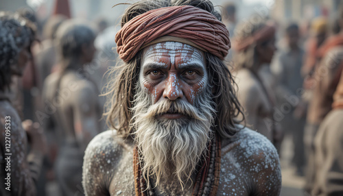 Aghori Baba Covered in Ashes Facing Camera: A Visual Exploration of Mysticism, Ascetic Practices, and Spiritual Devotion, At mahakumbh
 photo