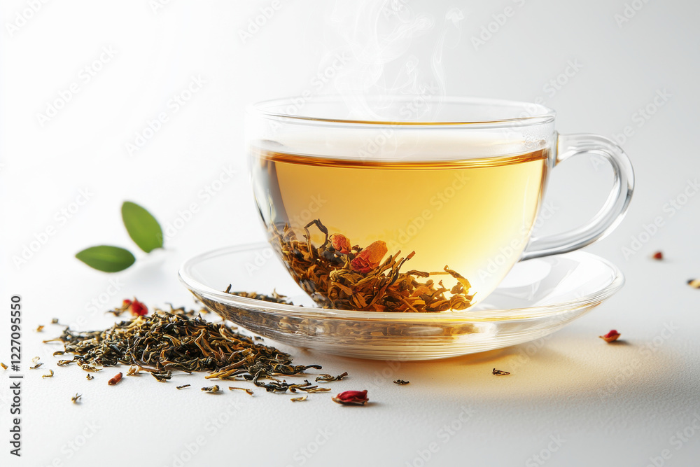 Minimalist glass teacup with steaming herbal tea and loose leaves on a white background creating a warm, inviting atmosphere Minimalist glass teacup with steaming herbal tea and loose leaves on a white background creating a warm, inviting atmosphere