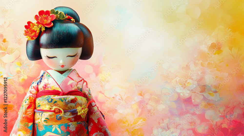 A delicate ornamental doll with vibrant kimono patterns set against a soft pastel background, with room on the right side for text A delicate ornamental doll with vibrant kimono patterns set against a soft pastel background, with room on the right side for text
