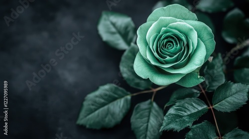 Single teal rose with lush green leaves on dark background. Perfect for elegant designs, greeting cards, or adding a touch of nature. photo