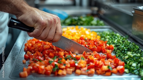 Chef dicing tomatoes on stainless steel tray. photo