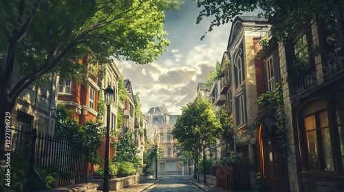 Fototapeta Naklejka Na Ścianę i Meble -  a poster of a street with buildings and trees