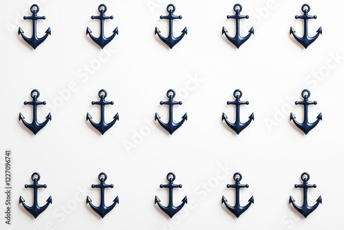Minimalist nautical pattern with navy blue anchors on white background captures modern elegance and subtlety in design