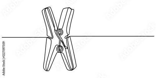 Wooden clothespin icon continuous one line drawing, illustration of clothespin one continuous line art. line, simple, hand drawn and sketch style. for icon, symbol, sign or logo, Clothesline with pin.